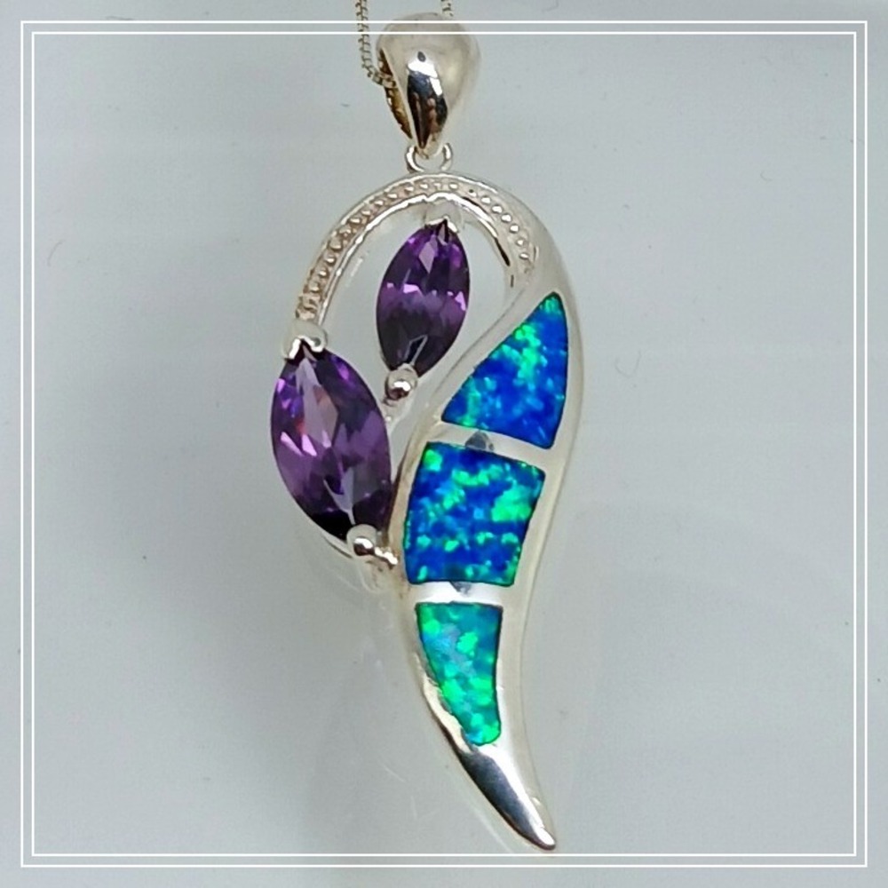 Sterling Silver Blue Fire Opal Purple‎ Amethyst Marquise Wave Pendant Necklace